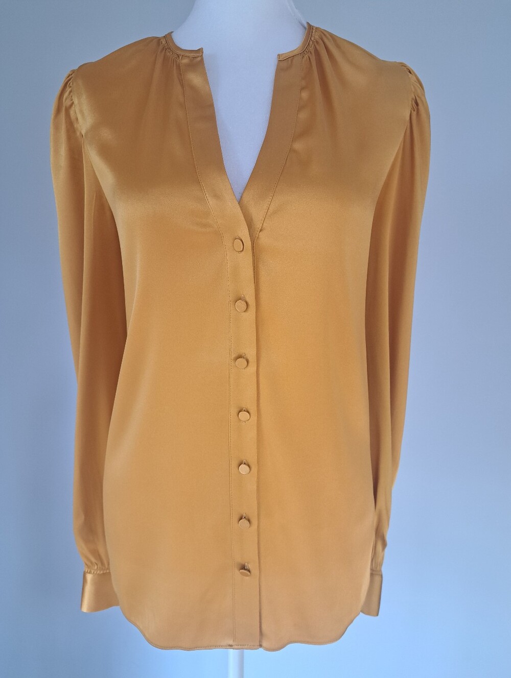 White House Black Market 100% Silk Classic V-Neck Button Front Blouse - Mustard